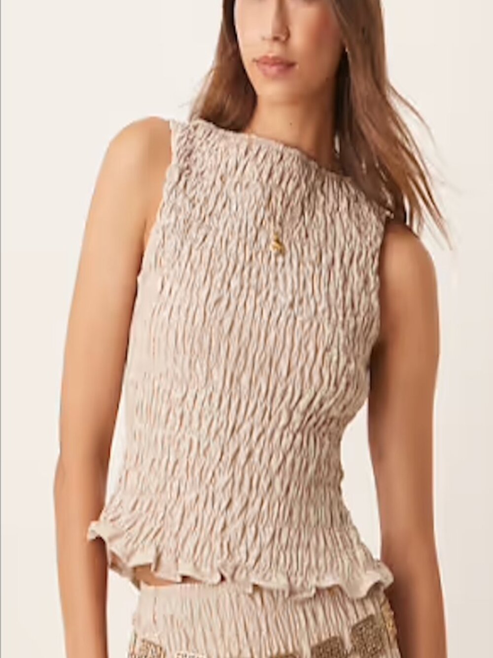 Light Tan Beige Linen Blend Shirred Crinkly Tank Top